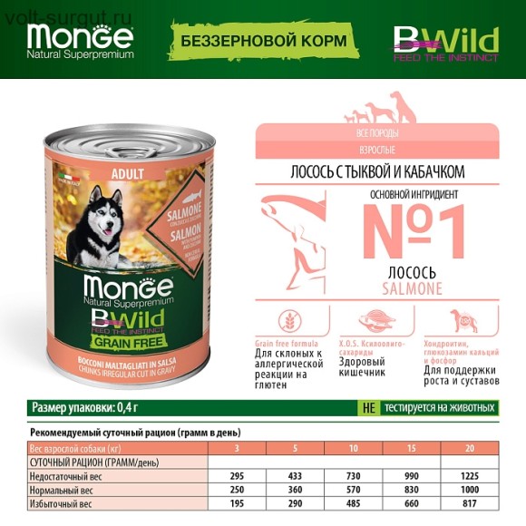 Monge Dog BWild GRAIN FREE для взрослых собак, беззерновой, из лосося с тыквой и кабачками Monge Dog BWild GRAIN FREE для взрослых собак, беззерновой, из лосося с тыквой и кабачками