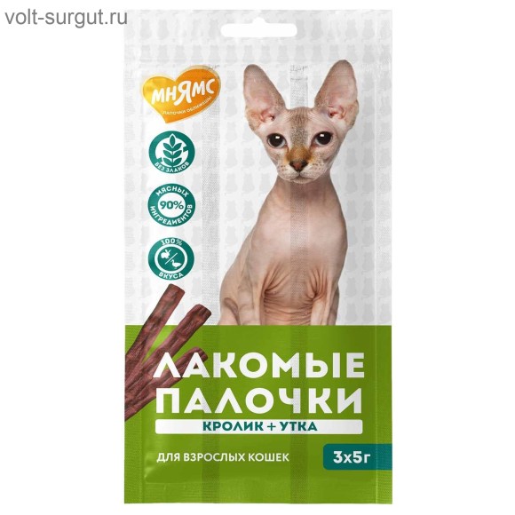 Мнямс лакомые палочки для кошек с уткой и кроликом