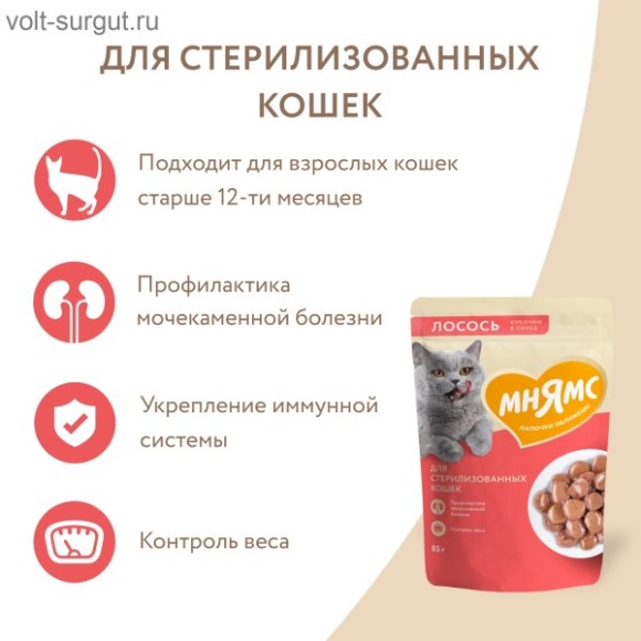 Мнямс Кусочки в соусе с лососем для стерилизованных кошек