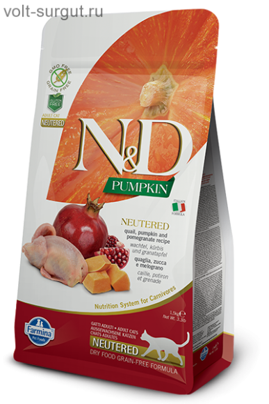 Farmina N&D Cat Grain Free Pumpkin Neutered Quail с перепелом, тыквой и гранатом, для стерилизованных кошек и кастрированных котов Farmina N&D Cat Grain Free Pumpkin Neutered Quail с перепелом, тыквой и гранатом, для стерилизованных кошек и кастрированных котов