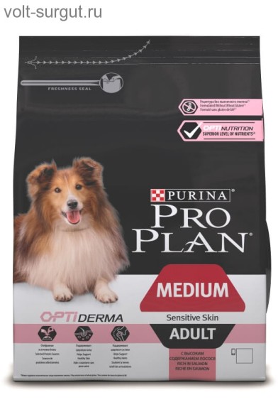 Pro Plan Dog для взрослых собак средних пород с чувствительной кожей, с Лососем Pro Plan Dog для взрослых собак средних пород с чувствительной кожей, с Лососем