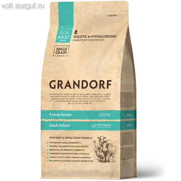 Grandorf Indoor 4 вида Мяса для взрослых кошек от 1 года с нормальной активностью Grandorf Indoor 4 вида Мяса для взрослых кошек от 1 года с нормальной активностью