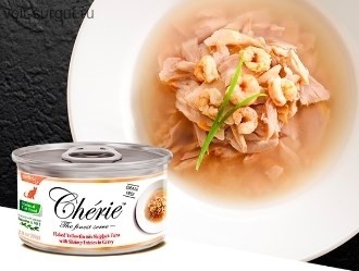Pettric Cherie Смесь из ломтиков Желтоперого и Полосатого Тунца с цельными креветками в подливе