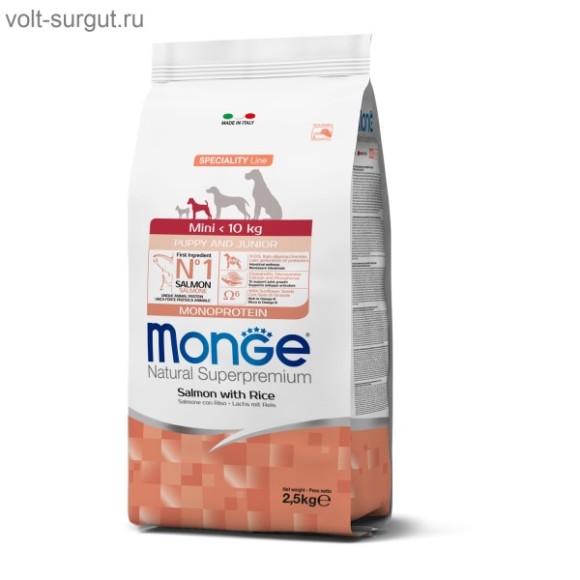 Monge Dog Speciality Line Monoprotein для щенков мелких пород, из лосося с рисом Monge Dog Speciality Line Monoprotein для щенков мелких пород, из лосося с рисом