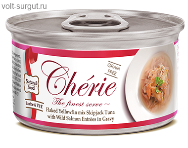 Pettric Cherie Смесь из ломтиков Желтоперого и Полосатого Тунца с Кусочками Дикого Лосося в подливе