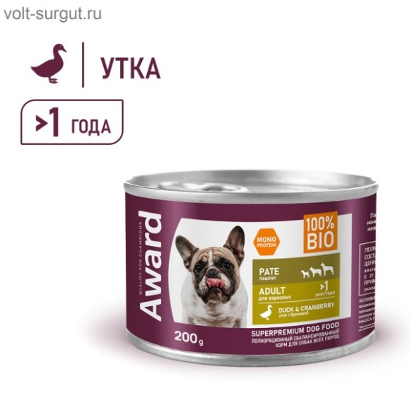 AWARD для взрослых собак паштет из утки с брусникой