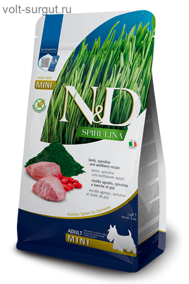 Farmina N&D Spirulina для взрослых собак малых пород. Ягненок, спирулина и ягоды годжи.