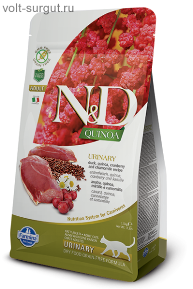 Farmina N&D QUINOA Urinary для кошек, профилактика МКБ. Утка, киноа, клюква и ромашка.